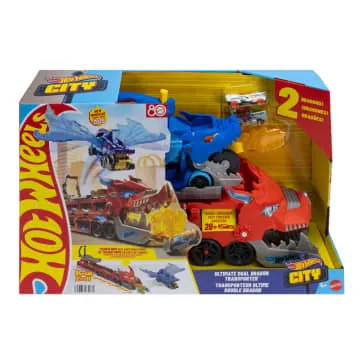 Hot Wheels City Hot Wheels Ultimate Dual Dragon Transporter & 2 1:64 Scale Toy Cars