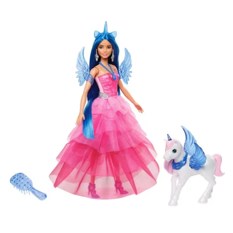 Barbie Unicorn Toy, 65th Anniversary Doll With Blue Hair, Pink Gown & Pet Alicorn
