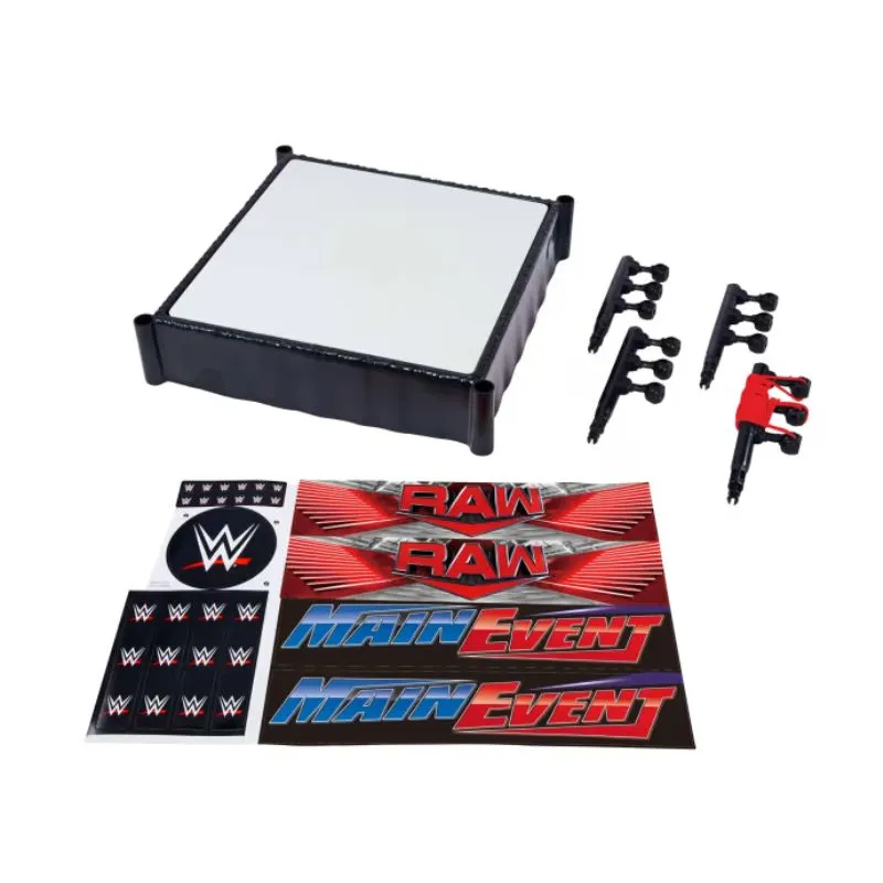 WWE Superstar Ring With Labels For Main EVent & Raw, Spring-Loaded With Elastic Ring Ropes