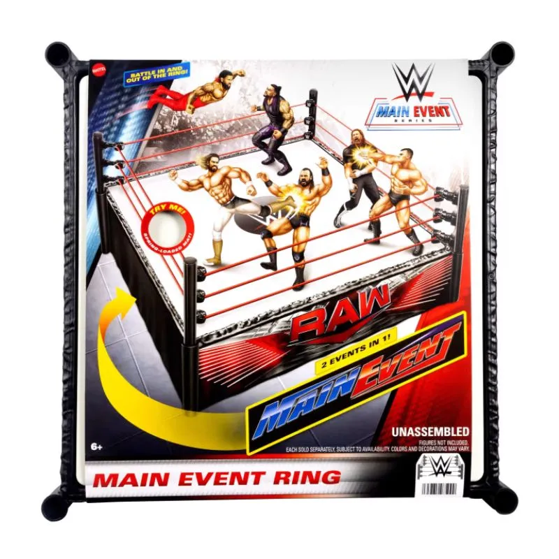 WWE Superstar Ring With Labels For Main EVent & Raw, Spring-Loaded With Elastic Ring Ropes