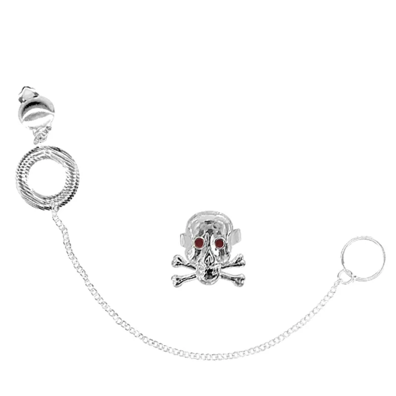 Punk Set -earring with ear-to-nose chain, skull ring