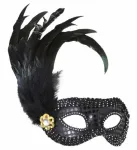 BLACK SEQUIN EYEMASKS WITH JEWEL & FEATHERS