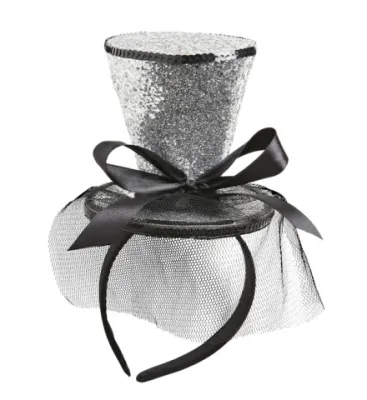 GLITTER MINI TOP HAT ON HEADBAND WITH BOW & VEIL