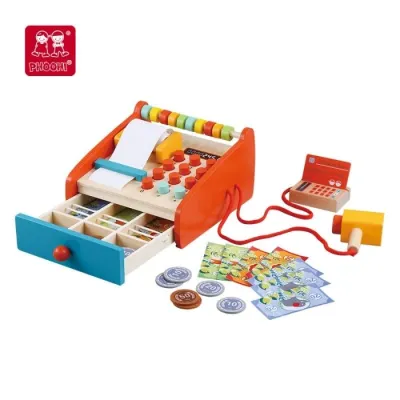 Children role play kids wooden supermarket children cash register toy for toddler