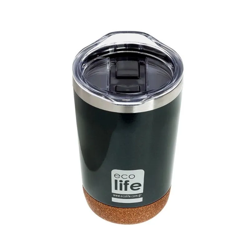 Ecolife Dark green (cork bottom) coffee thermos 370ml | Transparent lid
