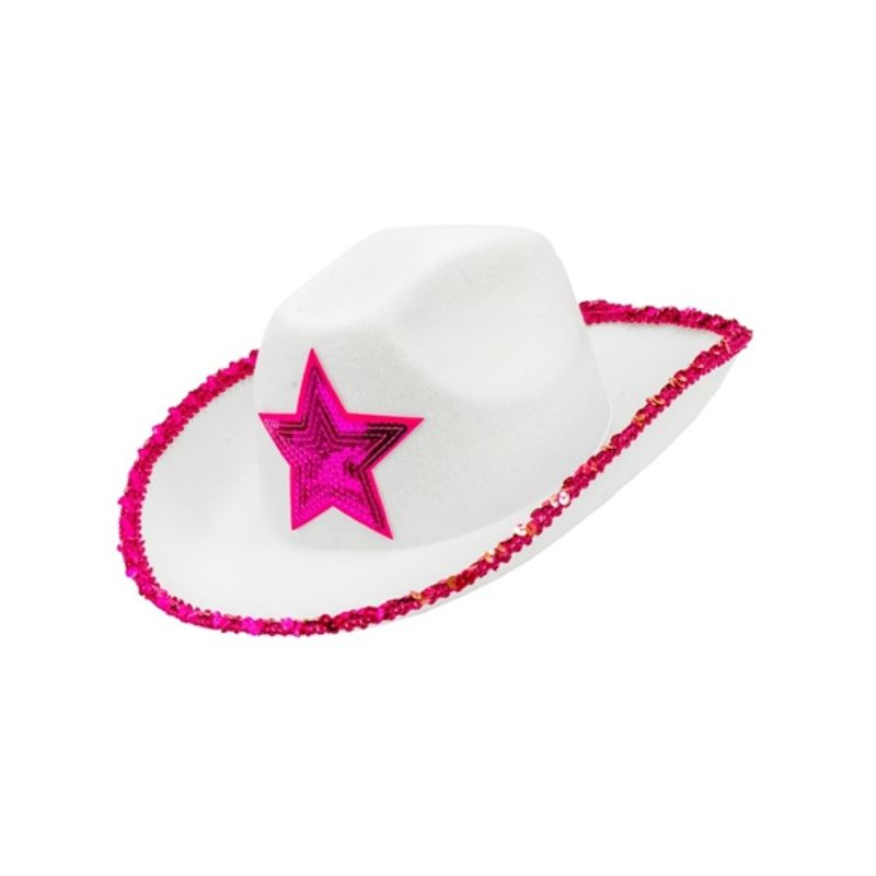 White Cowgirl Party Hat with Hot Pink Sequin Star