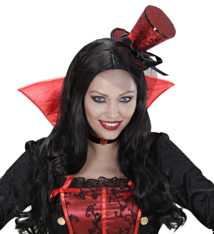 RED GLITTER MINI TOP HAT ON HEADBAND WITH BOW & VEIL