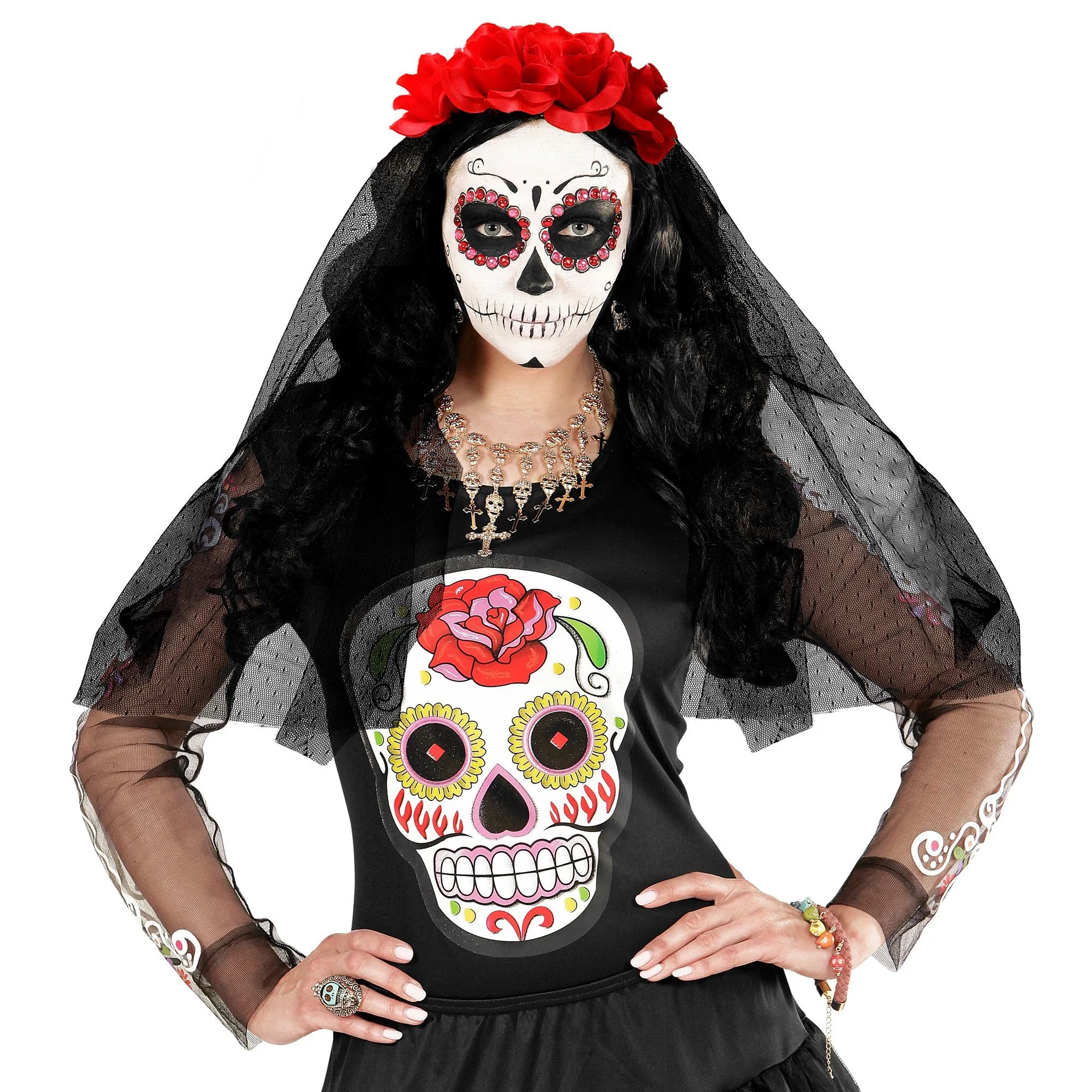 Black Veil With Red Roses Headpiece
