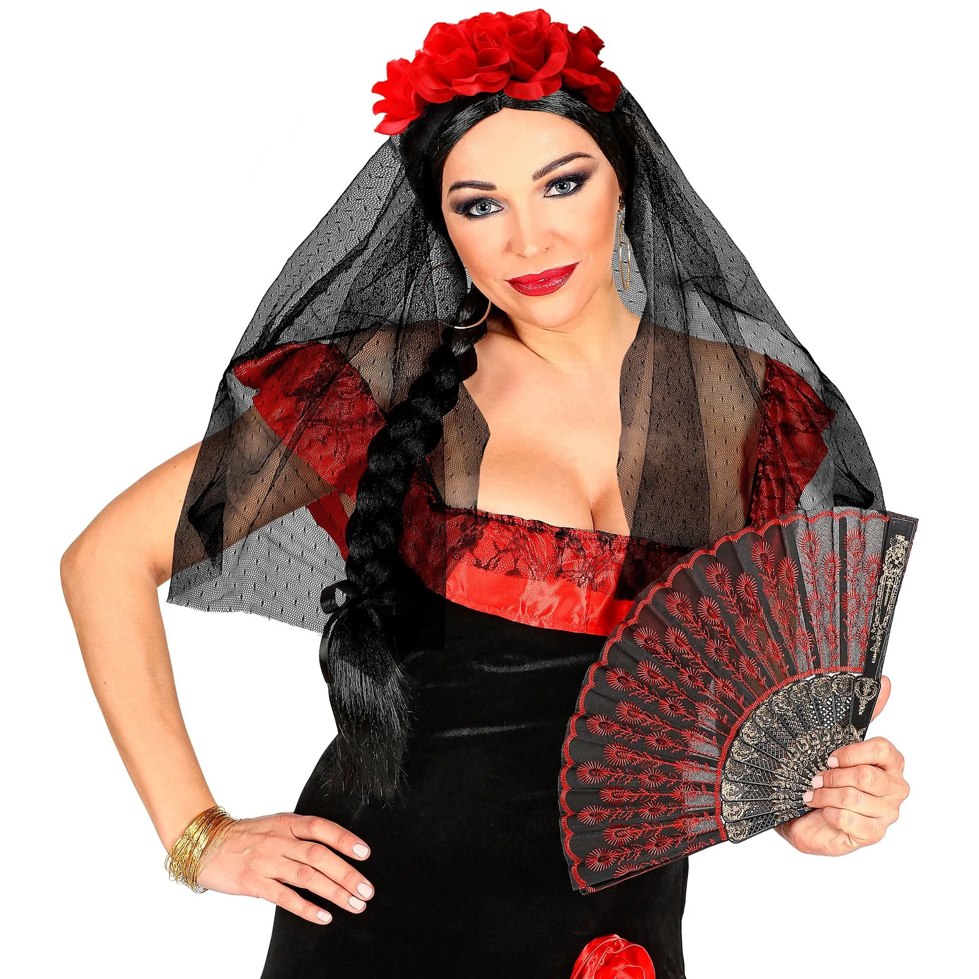 Black Veil With Red Roses Headpiece