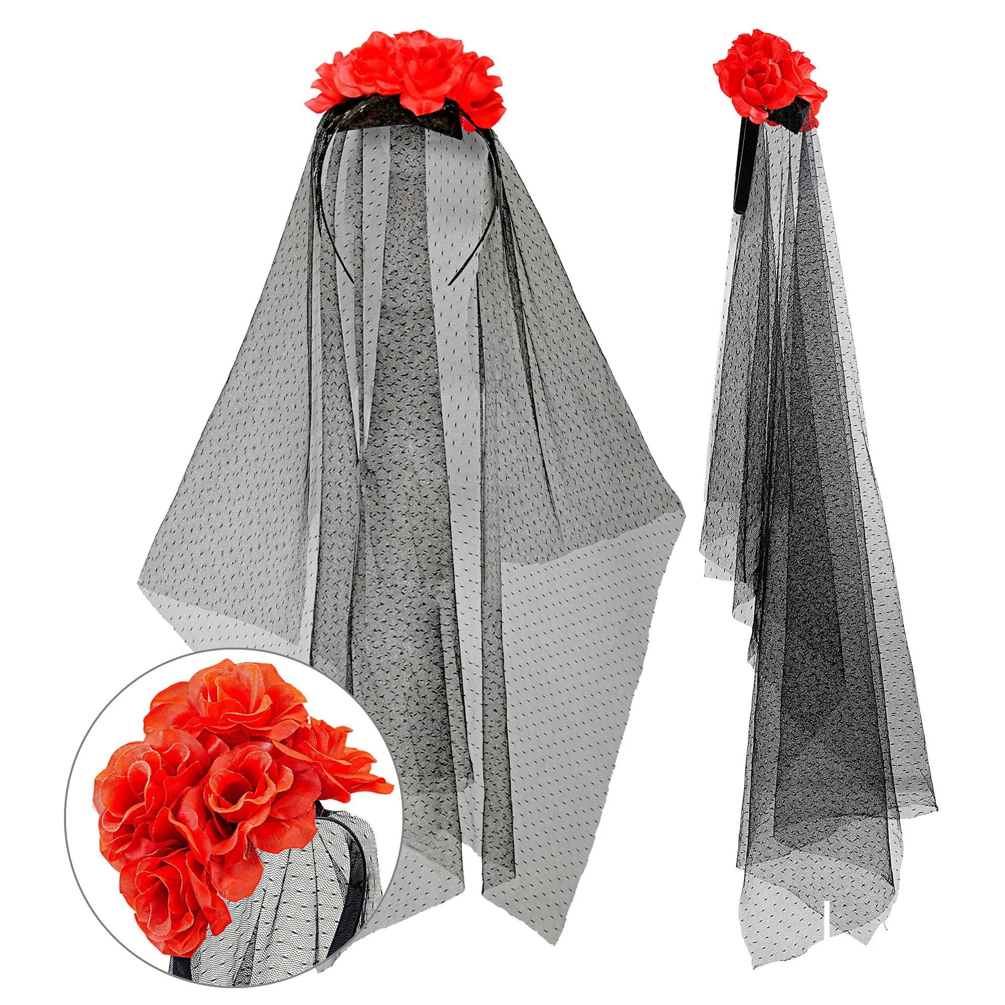 Black Veil With Red Roses Headpiece