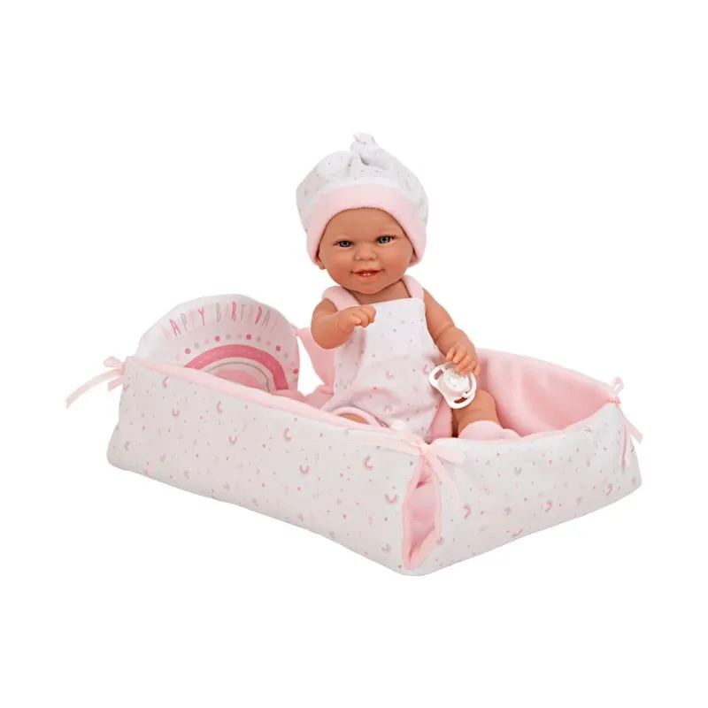 Arias Dolls Happy Birthday’ pink Babyto Elegance doll with cot 33cm